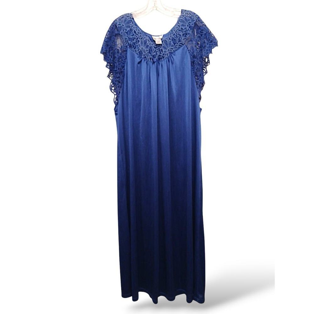 Vintage Nightgown Long Plus Sz 4X Royal Blue Satin Lace Trim Sexy Romantic Maxi
